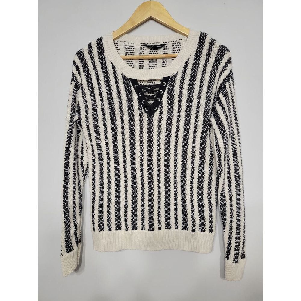 Rock & Republic Size Medium Striped Lace-up Neck Sweater